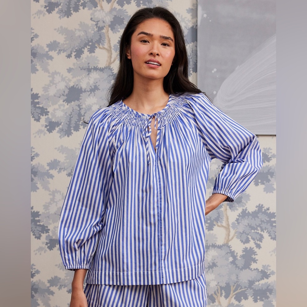 Lake Pajamas blue and white striped cotton blouse